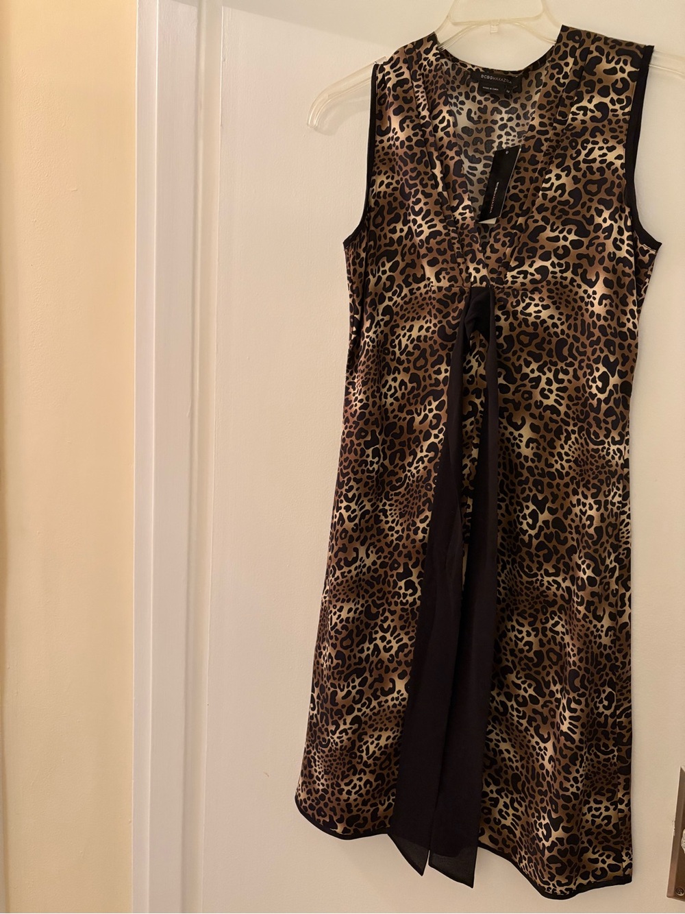 BCBG MaxAzria Sleeveless Leopard Print Dress with Black Waist Accent